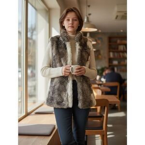 CAbi Aspen Plush Faux Fur Vest in Taupe & Cream Tones